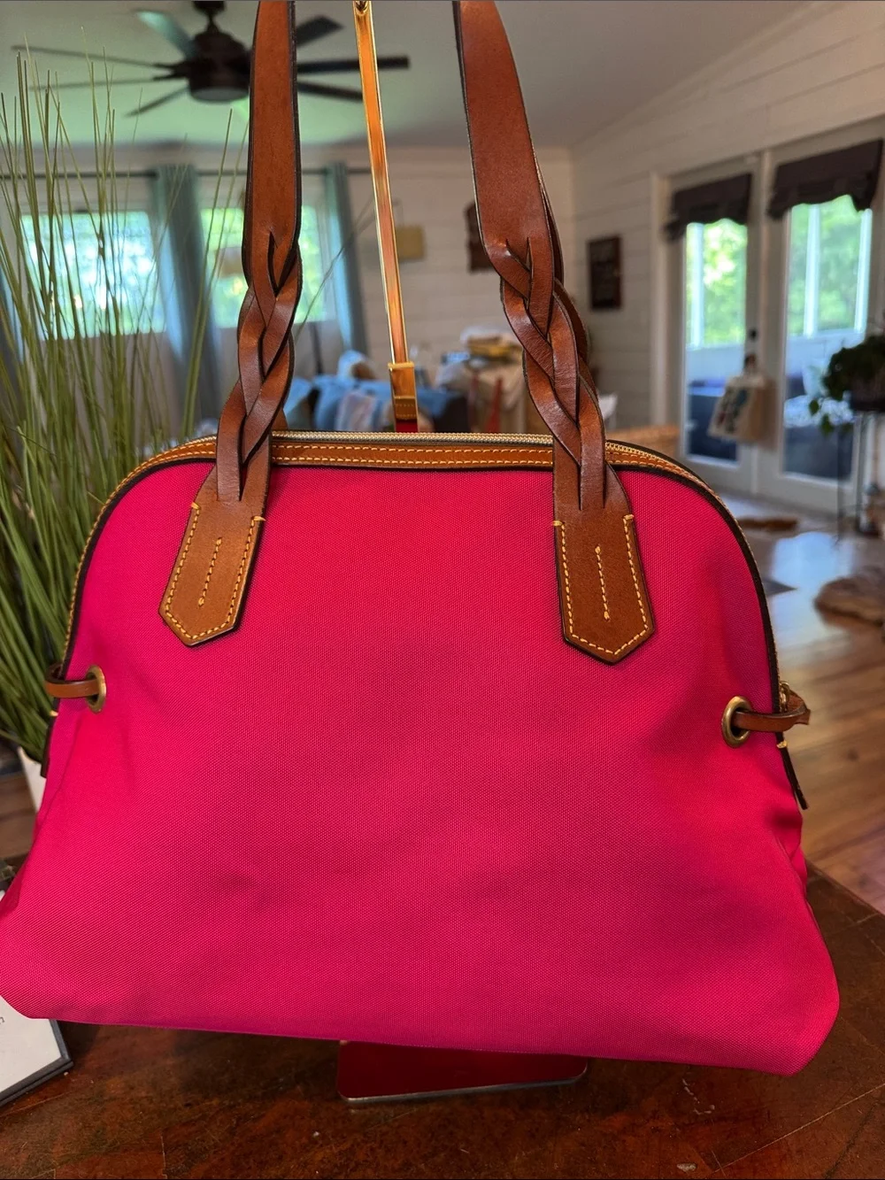 Dooney & Bourke Hot Pink Nylon Satchel with Brown Leather Trim